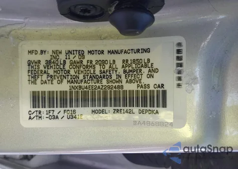 2010 Toyota Corolla Le из США, поврежденный, VIN 1NXBU4EE2AZ292488